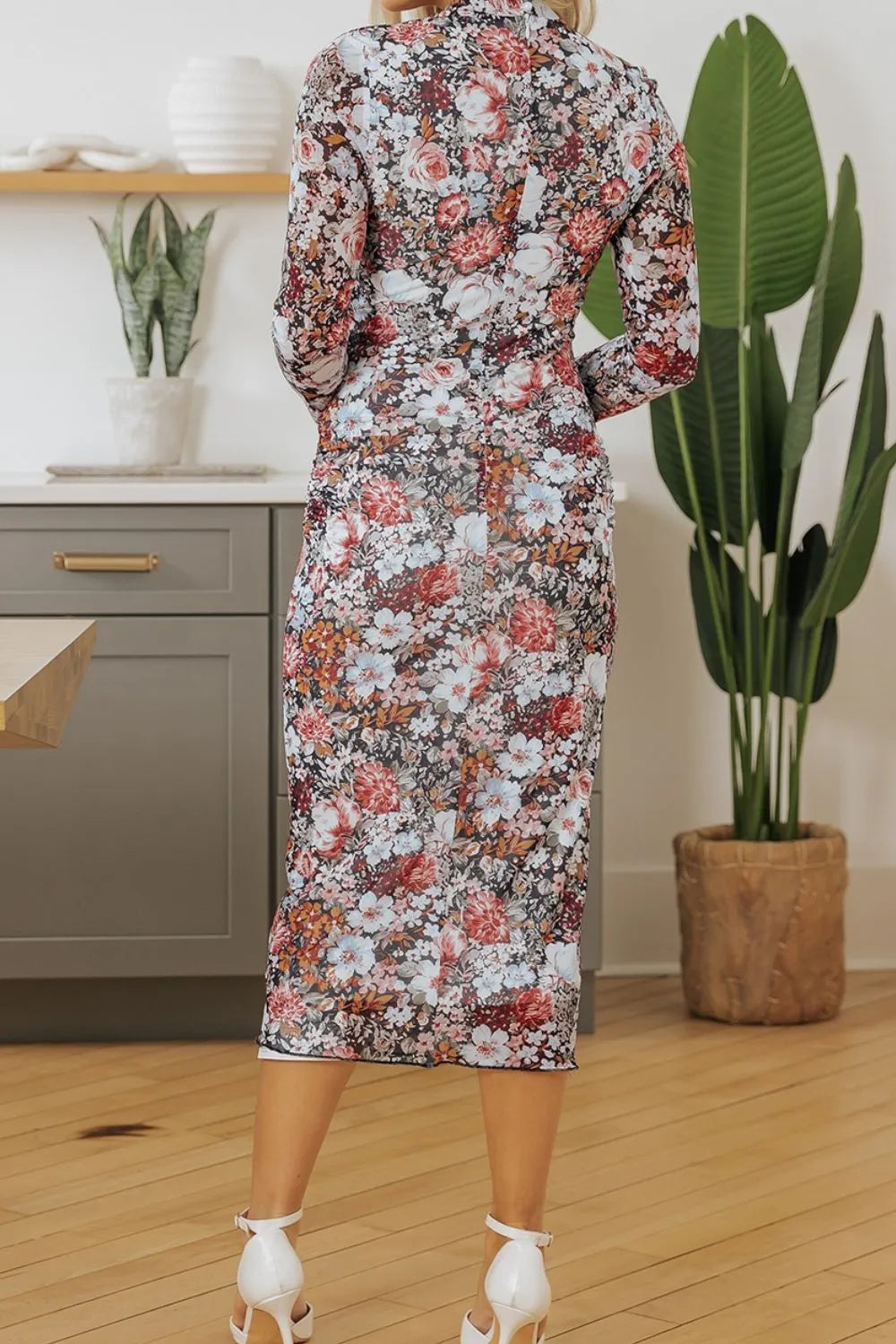 Printed Long Sleeve Midi Slim Dress - LODIMAE FASHION 