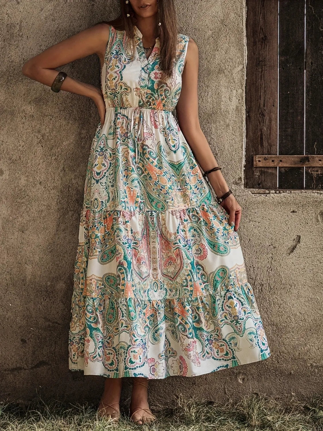 Printed Notched Sleeveless Dress - LODIMAE FASHION 