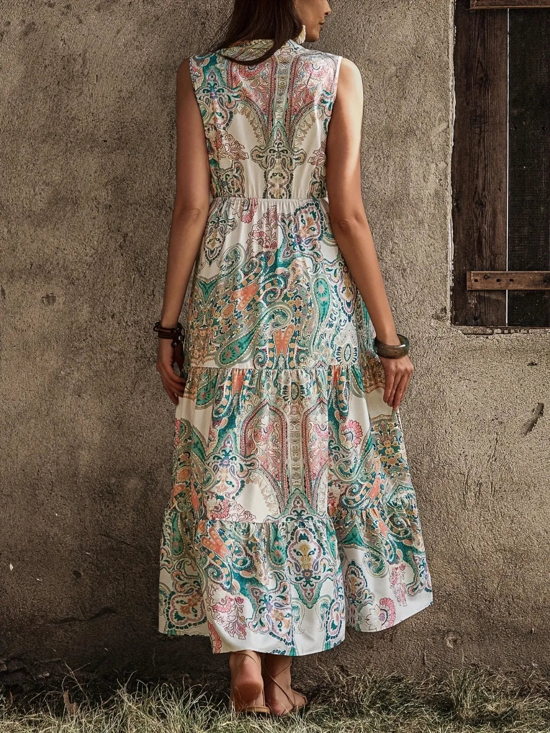 Printed Notched Sleeveless Dress - LODIMAE FASHION 