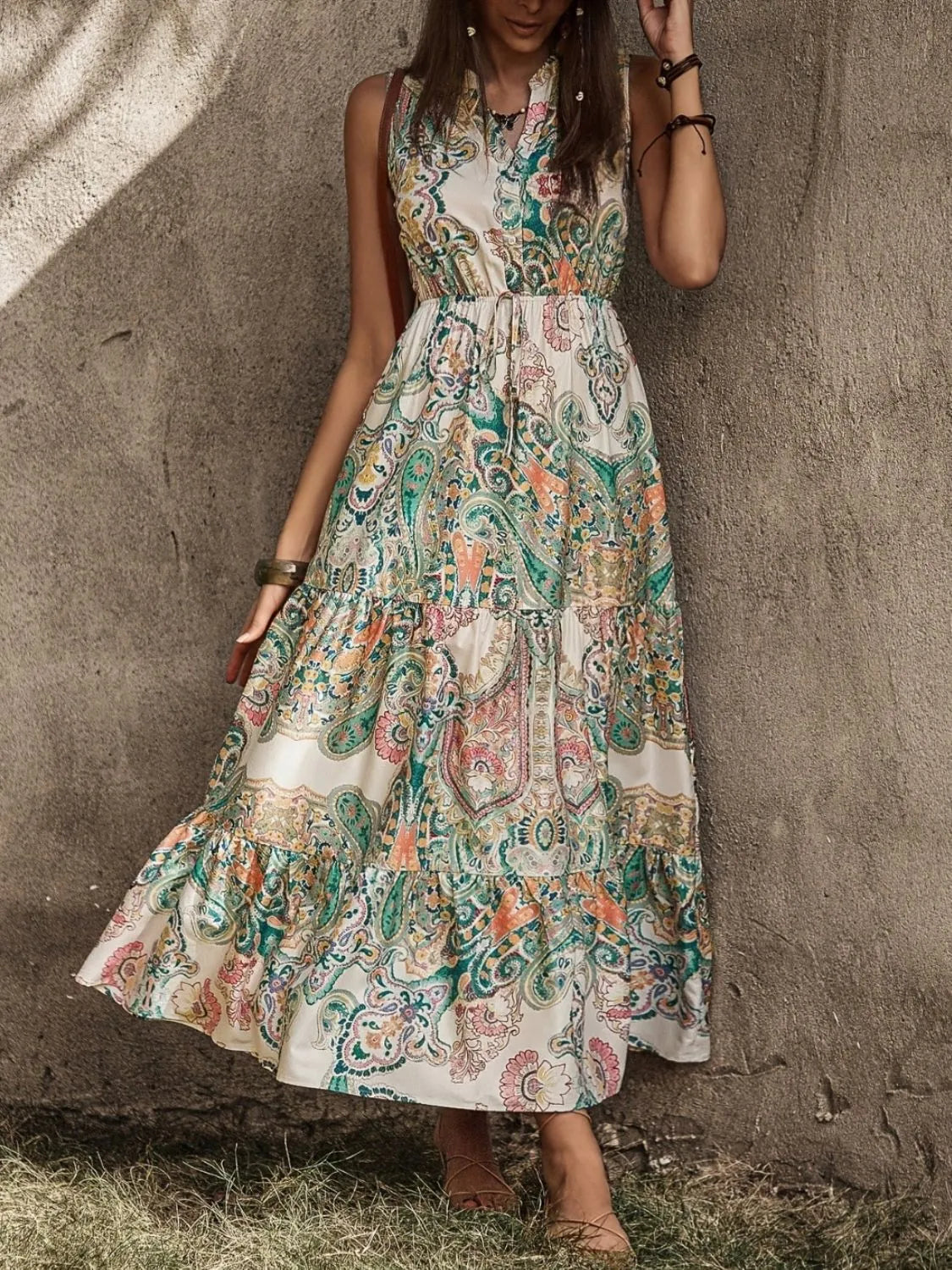 Printed Notched Sleeveless Dress - LODIMAE FASHION 