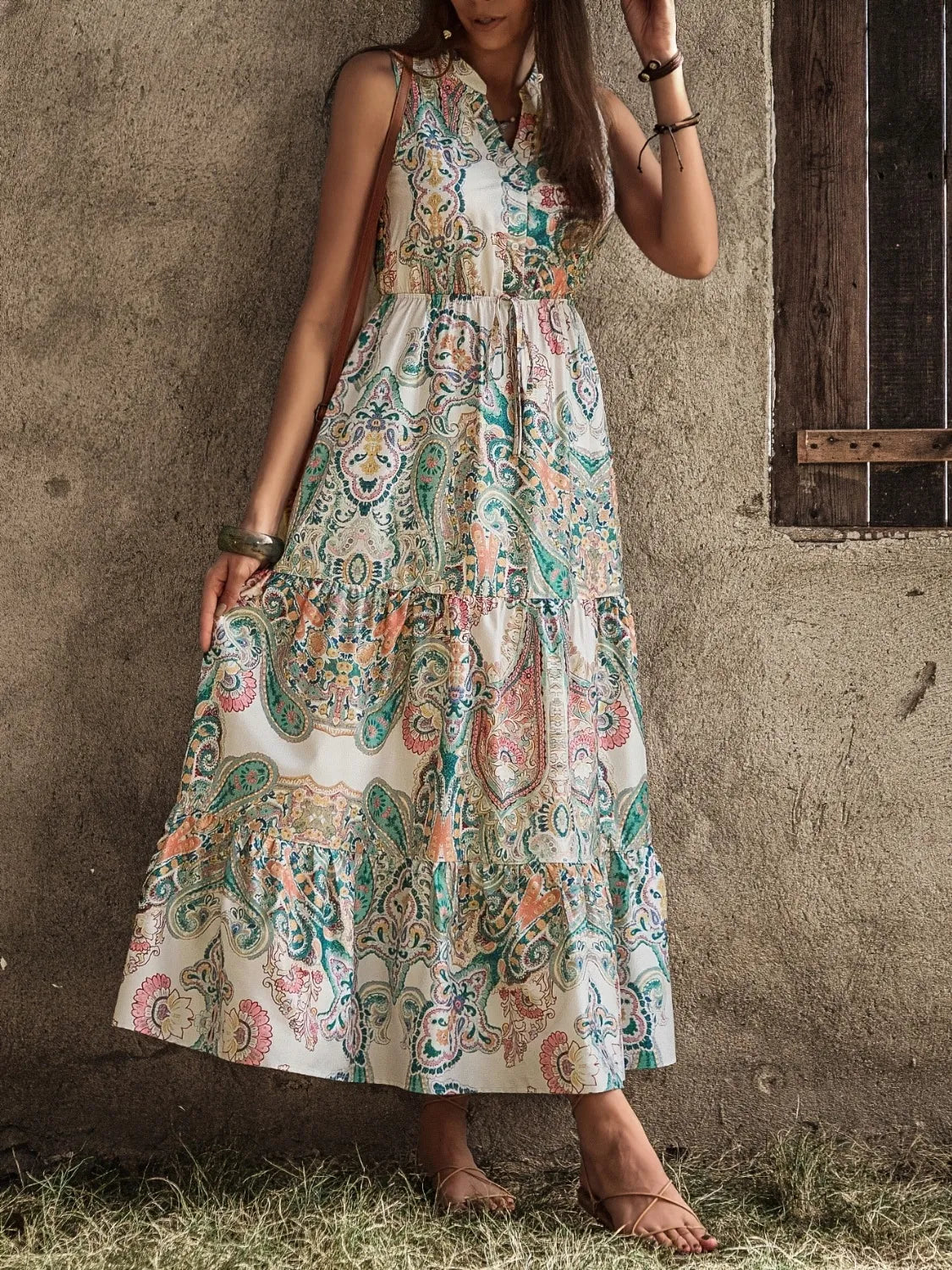 Printed Notched Sleeveless Dress - LODIMAE FASHION 
