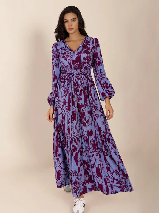 Printed Tie Neck Balloon Sleeve Maxi Dress - LODIMAE FASHION 