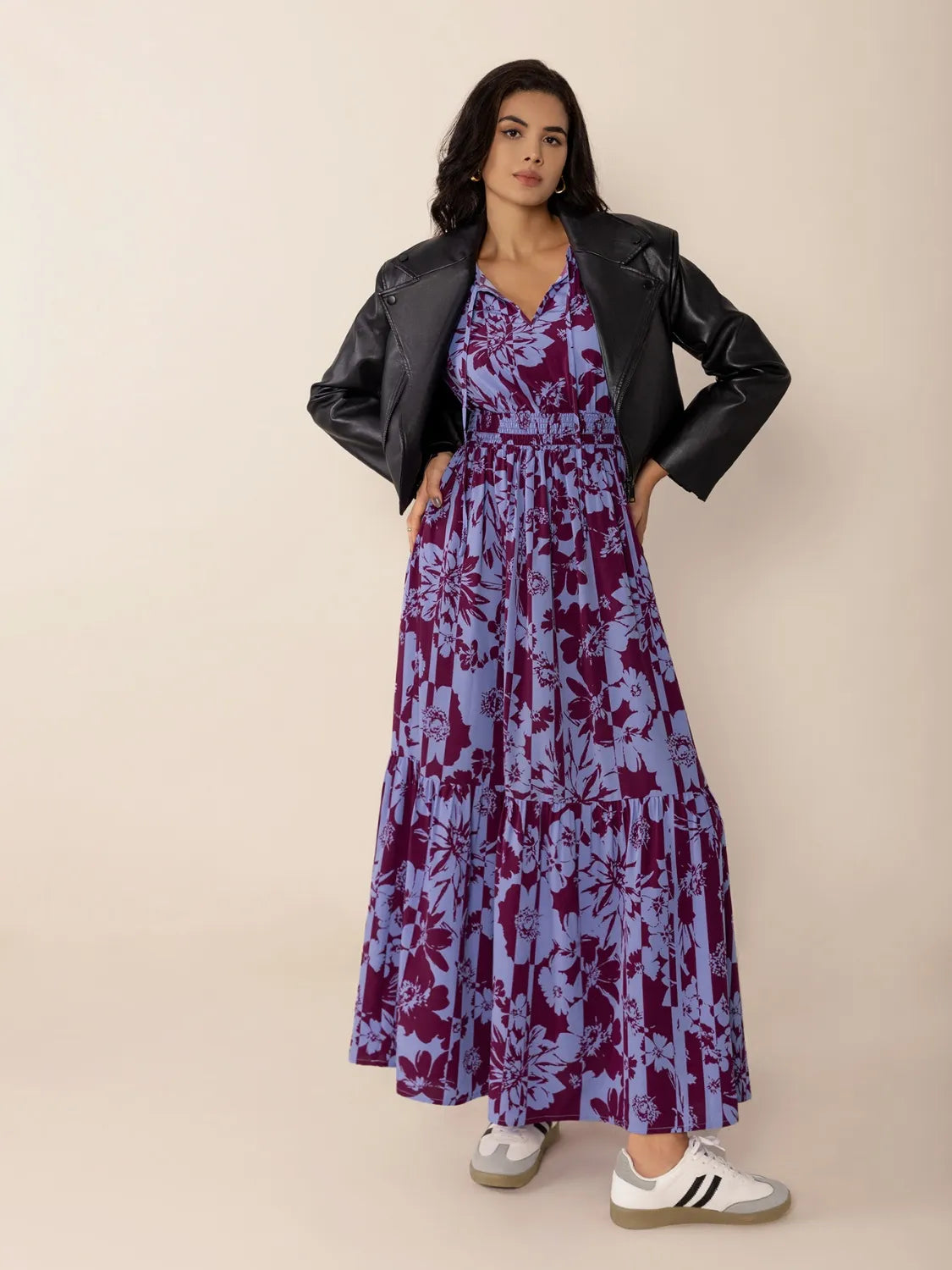 Printed Tie Neck Balloon Sleeve Maxi Dress - LODIMAE FASHION 