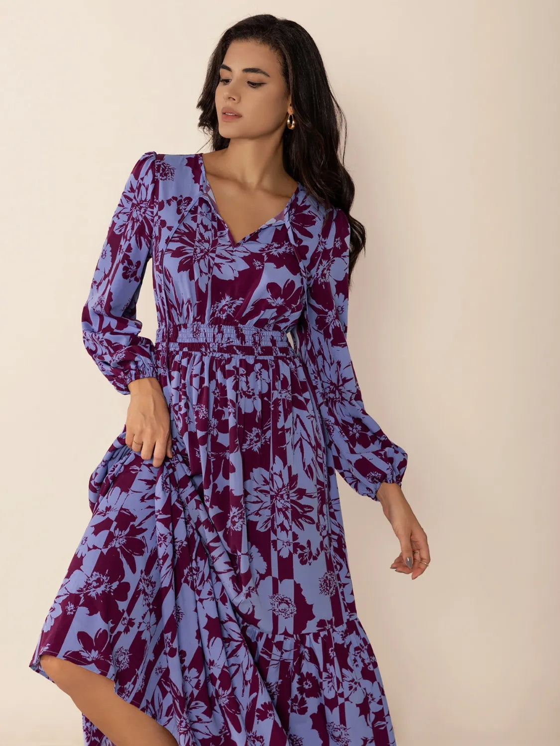 Printed Tie Neck Balloon Sleeve Maxi Dress - LODIMAE FASHION 