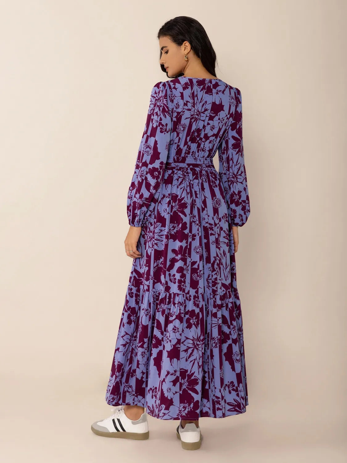 Printed Tie Neck Balloon Sleeve Maxi Dress - LODIMAE FASHION 