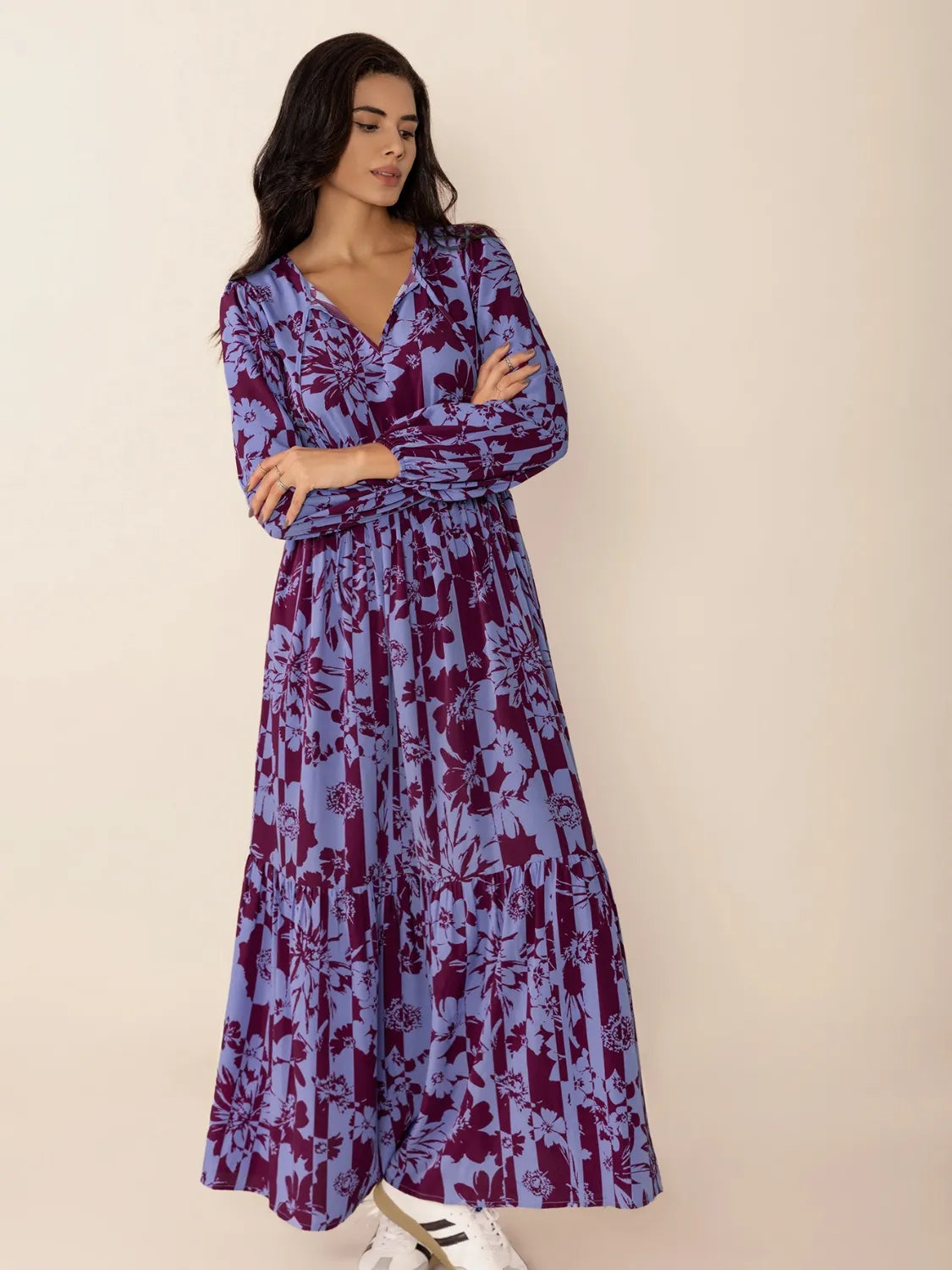 Printed Tie Neck Balloon Sleeve Maxi Dress - LODIMAE FASHION 