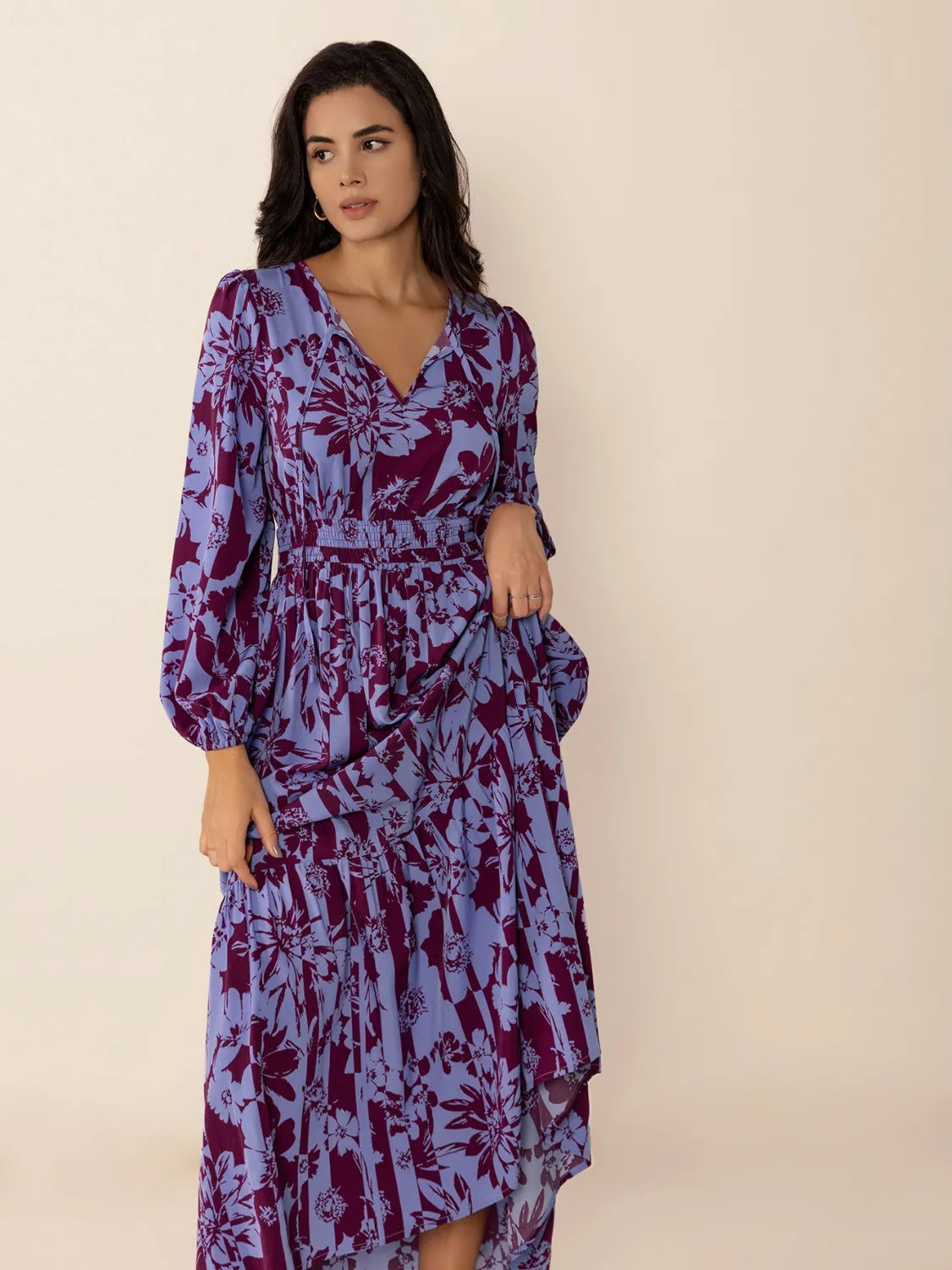 Printed Tie Neck Balloon Sleeve Maxi Dress - LODIMAE FASHION 