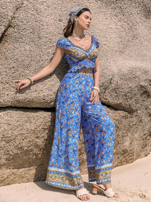 Printed V-Neck Top and Pants Set - LODIMAE FASHION 