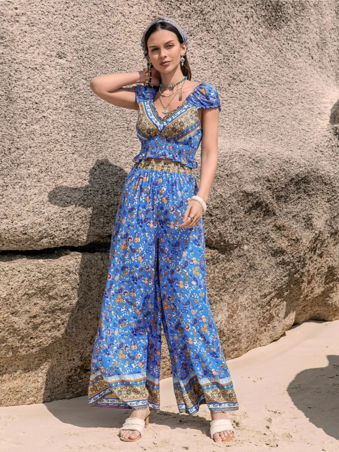 Printed V-Neck Top and Pants Set - LODIMAE FASHION 