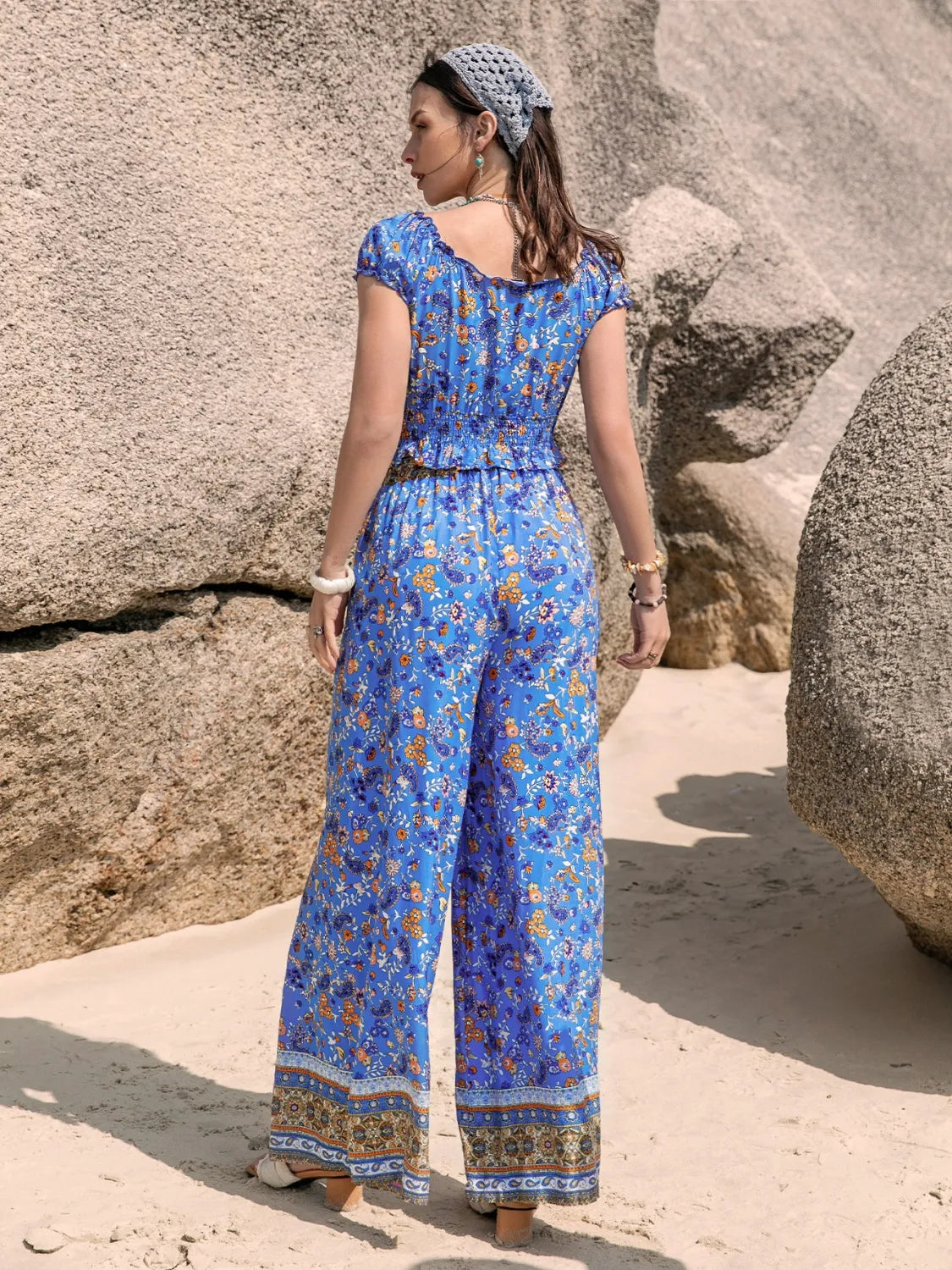 Printed V-Neck Top and Pants Set - LODIMAE FASHION 