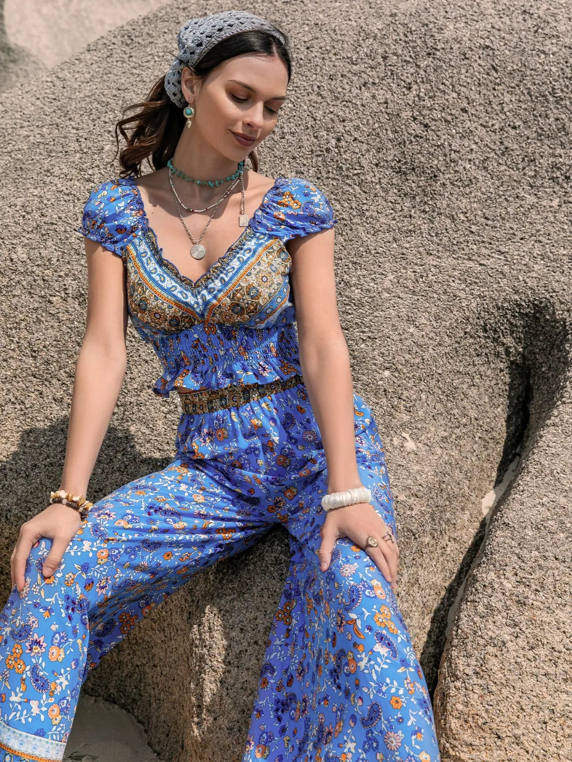 Printed V-Neck Top and Pants Set - LODIMAE FASHION 