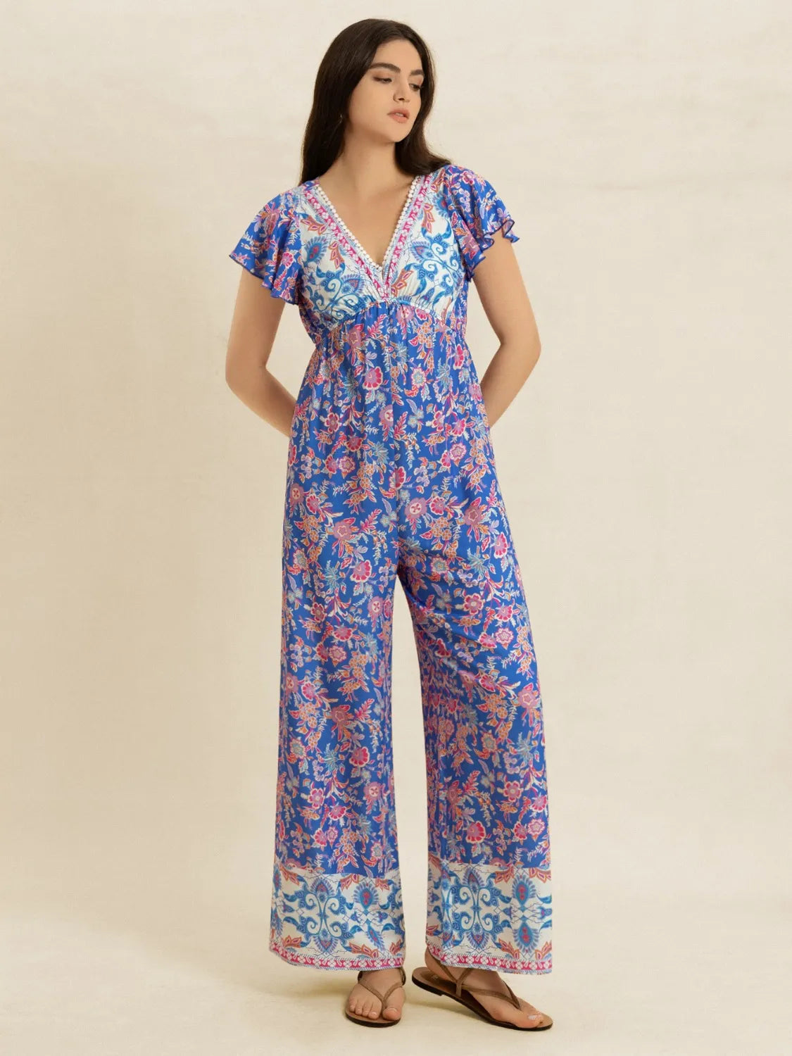 Printed V-Neck Wide Leg Jumpsuit - LODIMAE FASHION 