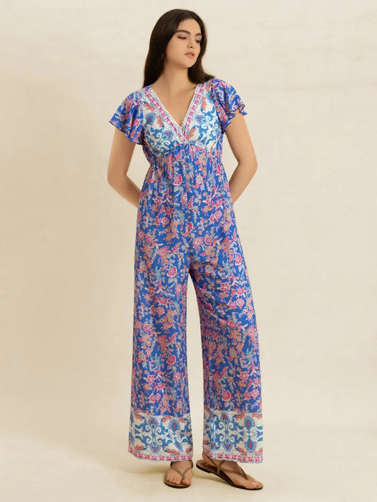 Printed V-Neck Wide Leg Jumpsuit - LODIMAE FASHION 