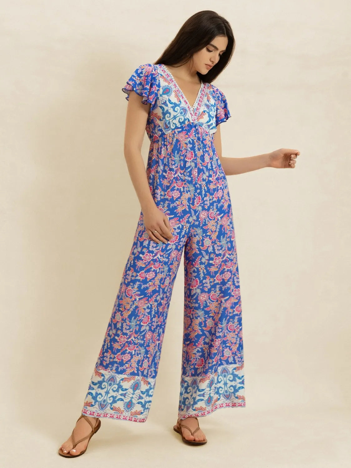 Printed V-Neck Wide Leg Jumpsuit - LODIMAE FASHION 