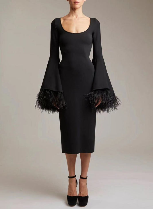 Round Neck Feather Detail Bandage Dress - LODIMAE FASHION 