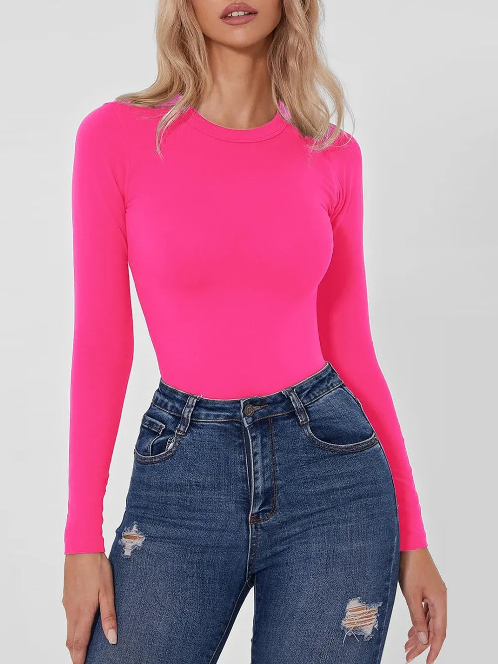 Round Neck Long Sleeve Bodysuit - LODIMAE FASHION 