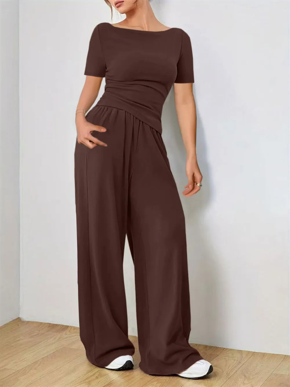 Round Neck Short Sleeve T-Shirt and Pants Set - LODIMAE FASHION 