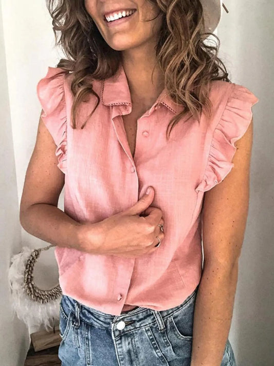 Ruffle Sleeve Button-Up Shirt - LODIMAE FASHION 