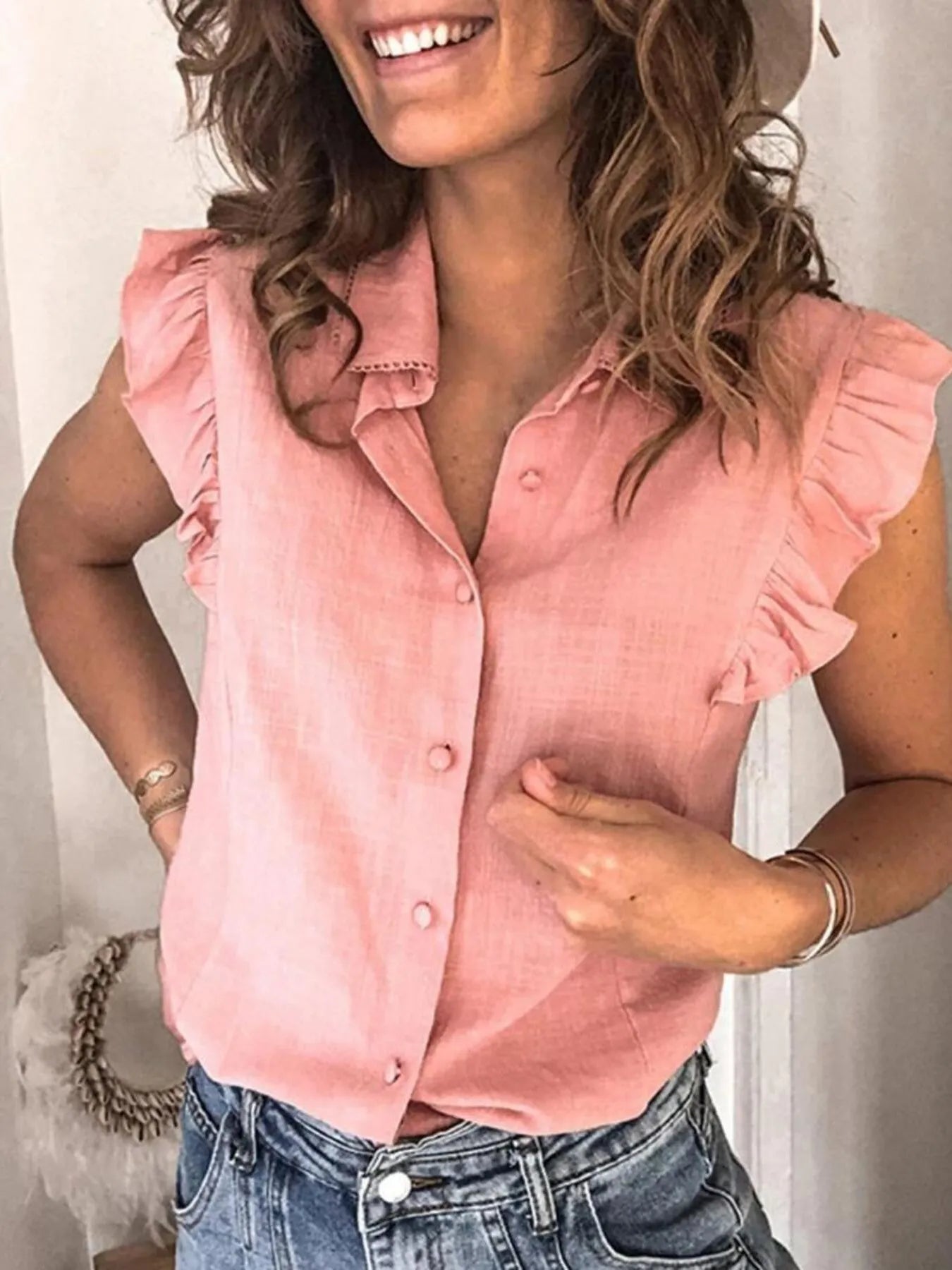 Ruffle Sleeve Button-Up Shirt - LODIMAE FASHION 