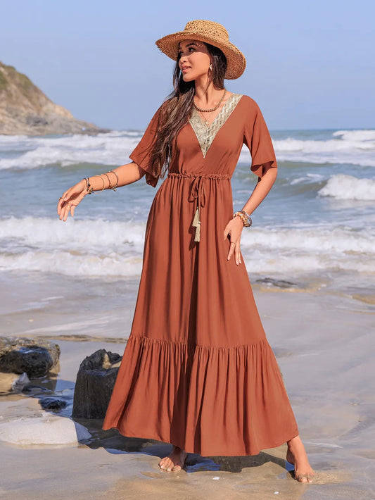 Ruffled Tassel V-Neck Flutter Sleeve Dress - LODIMAE FASHION 