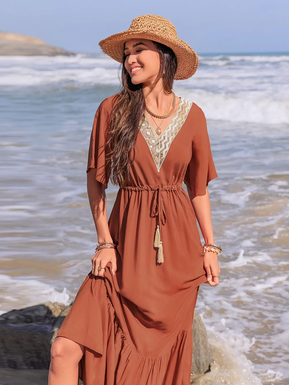 Ruffled Tassel V-Neck Flutter Sleeve Dress - LODIMAE FASHION 
