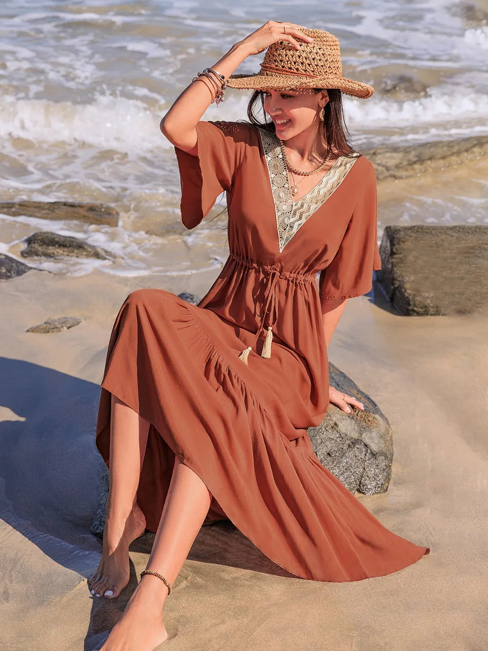 Ruffled Tassel V-Neck Flutter Sleeve Dress - LODIMAE FASHION 