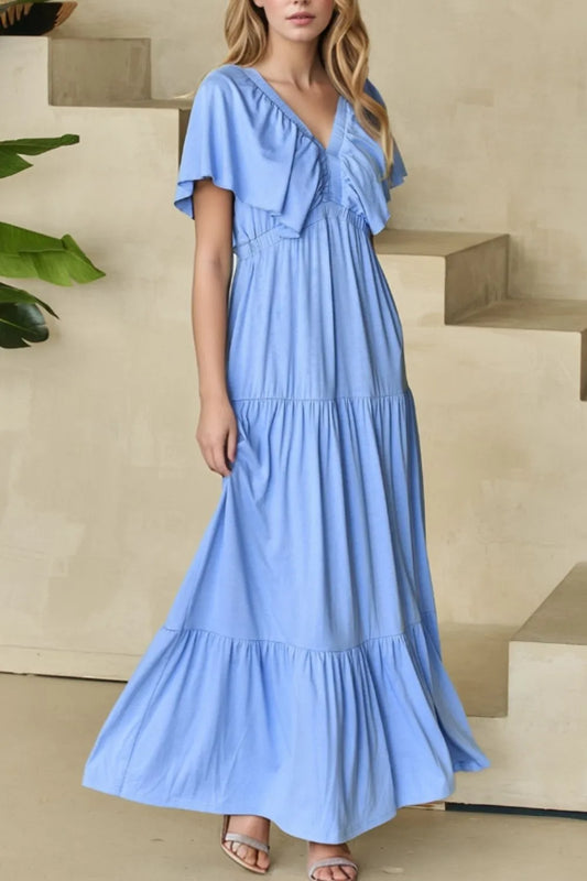 Ruffled V Neck Flutter Sleeve Maxi Dress - LODIMAE FASHION 