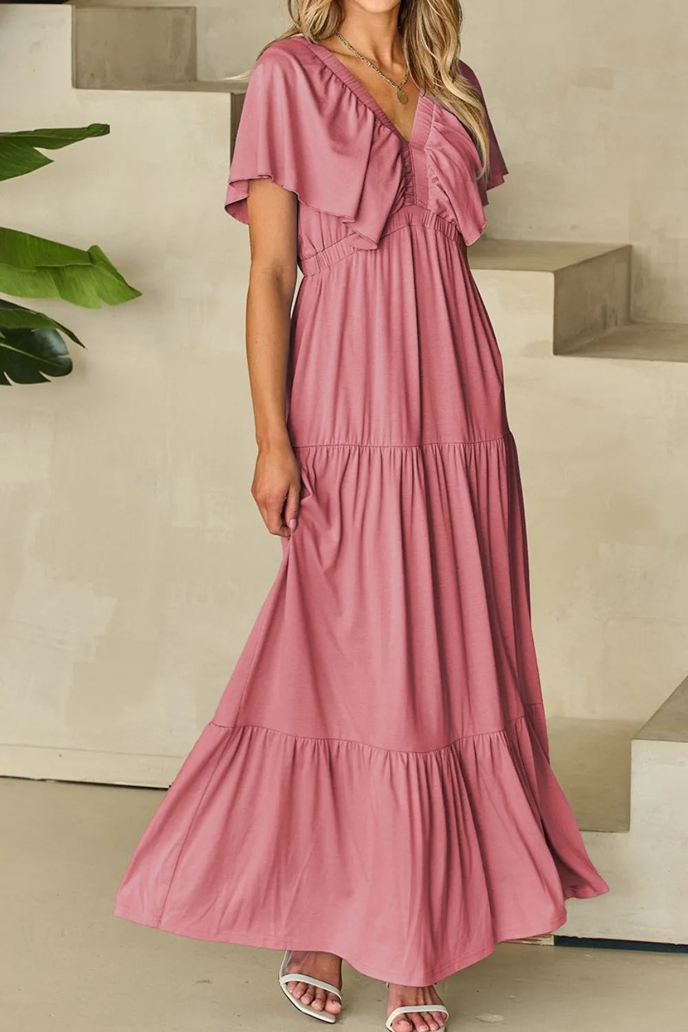 Ruffled V Neck Flutter Sleeve Maxi Dress - LODIMAE FASHION 