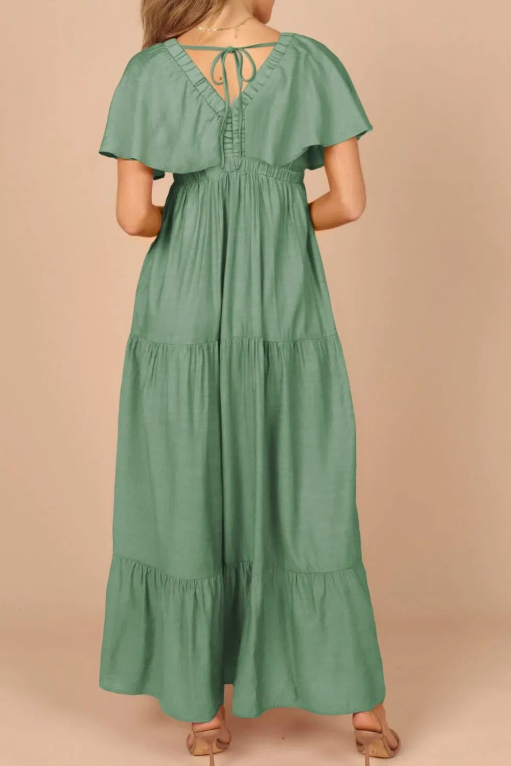 Ruffled V Neck Flutter Sleeve Maxi Dress - LODIMAE FASHION 