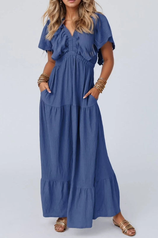 Ruffled V-Neck Short Sleeve Maxi Dress - LODIMAE FASHION 