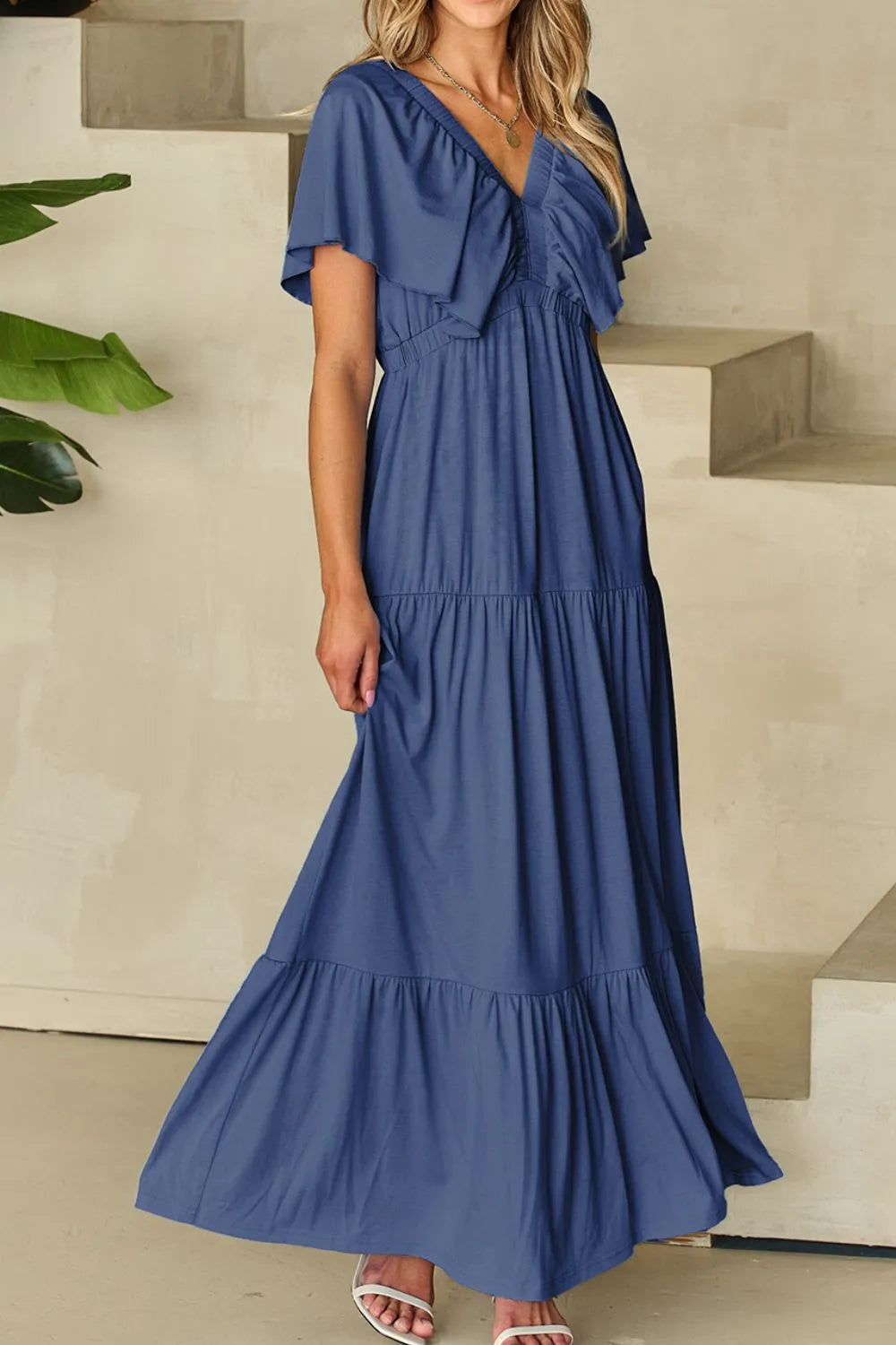 Ruffled V-Neck Short Sleeve Maxi Dress - LODIMAE FASHION 