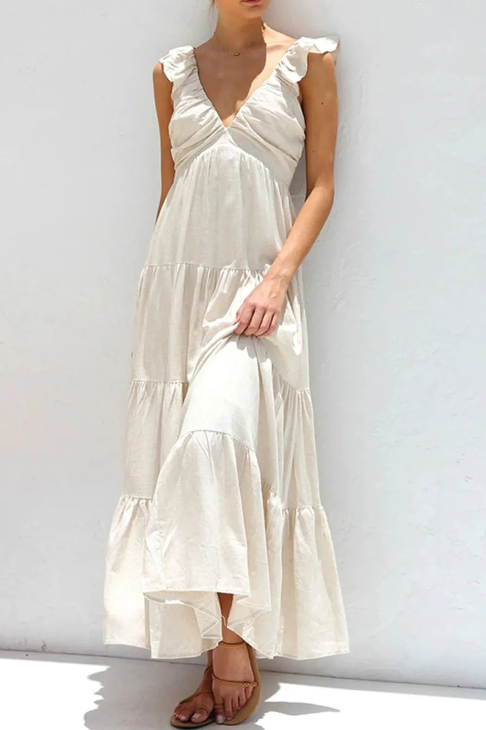 Ruffled V-Neck Tiered Dress - LODIMAE FASHION 
