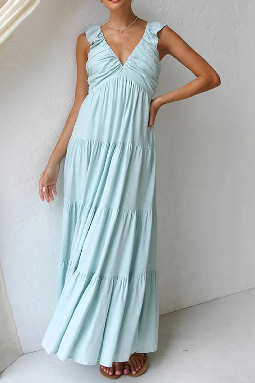 Ruffled V-Neck Tiered Dress - LODIMAE FASHION 