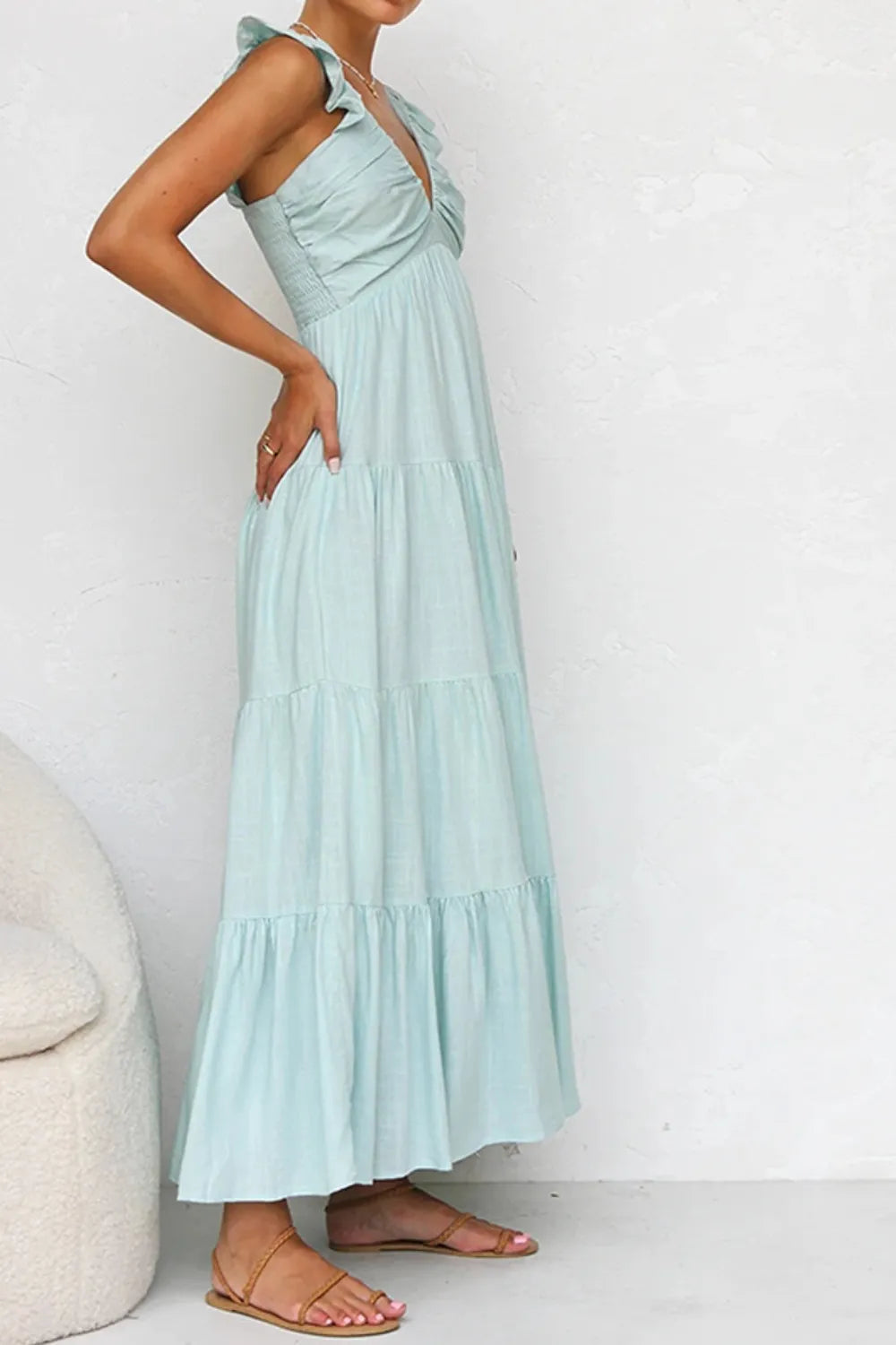 Ruffled V-Neck Tiered Dress - LODIMAE FASHION 