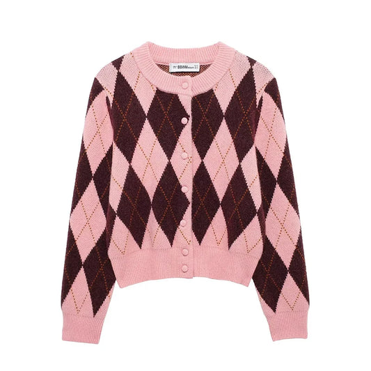 Women Fashion Plaid Single Breasted Knitted Sweater - LODIMAE FASHION 