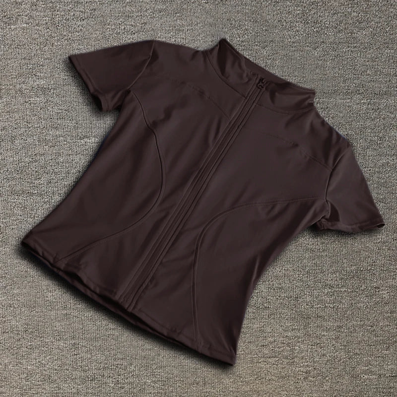 Summer High Quality Waist Slimming Training Tops Women's Quick-drying Tight Stand Collar Full Zipper Short Sleeves Yoga shirts - LODIMAE FASHION 