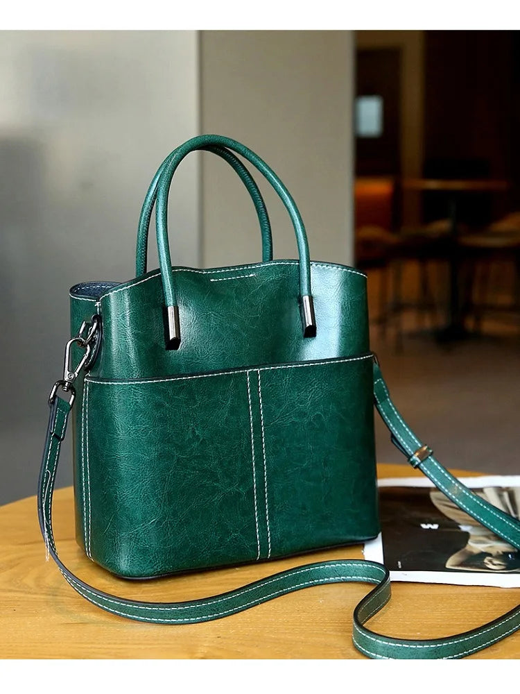 Women's Cowhide Leather Bucket Bag - Genuine Leather Shoulder Bag for Ladies - LODIMAE FASHION 
