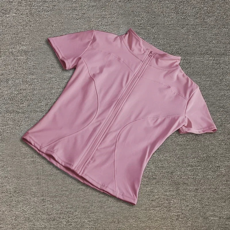 Summer High Quality Waist Slimming Training Tops Women's Quick-drying Tight Stand Collar Full Zipper Short Sleeves Yoga shirts - LODIMAE FASHION 