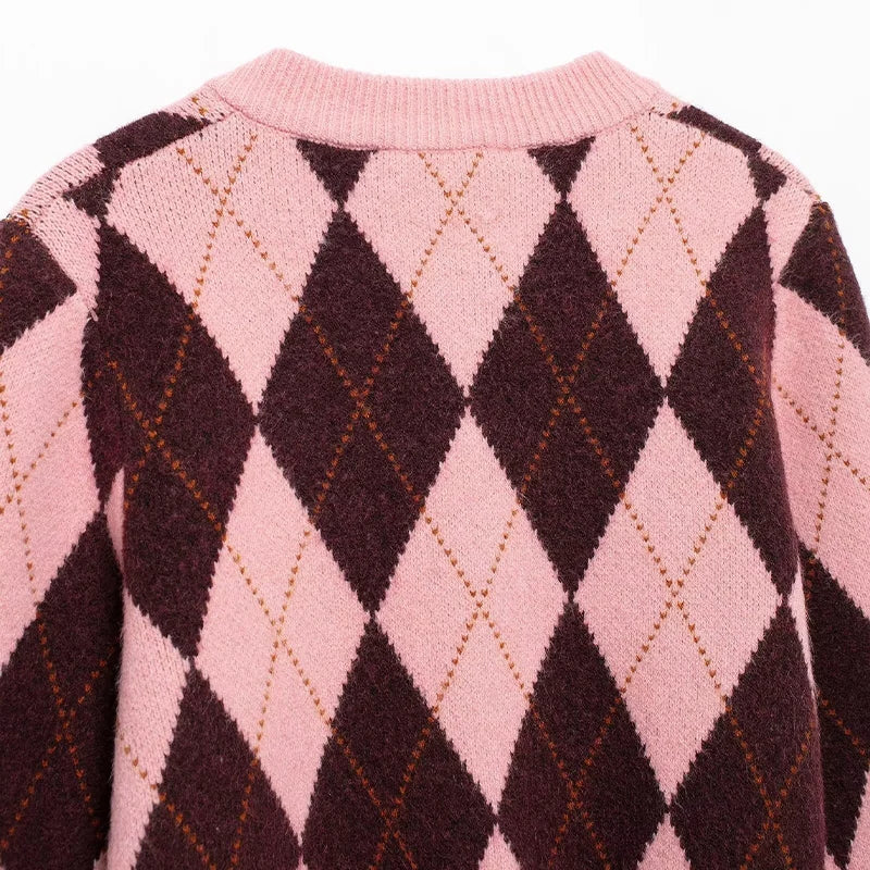 Women Fashion Plaid Single Breasted Knitted Sweater - LODIMAE FASHION 