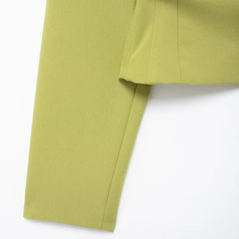 Women Fashion With Belt Green Cropped Blouse Vintage V-Neck Long Sleeves - LODIMAE FASHION 