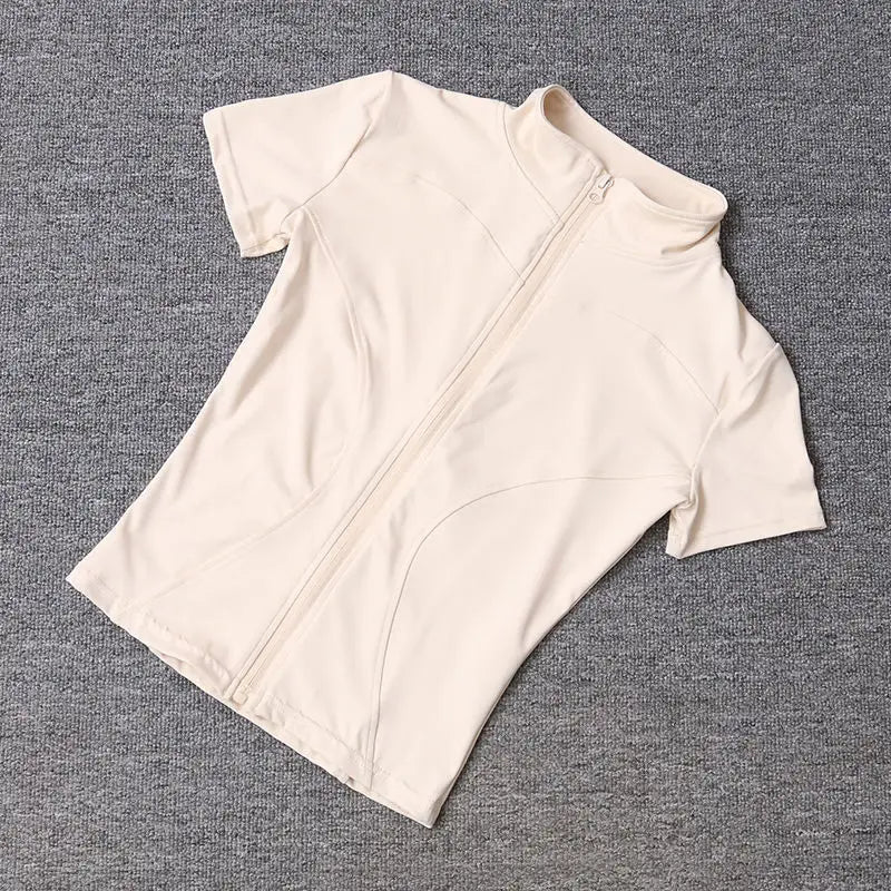 Summer High Quality Waist Slimming Training Tops Women's Quick-drying Tight Stand Collar Full Zipper Short Sleeves Yoga shirts - LODIMAE FASHION 