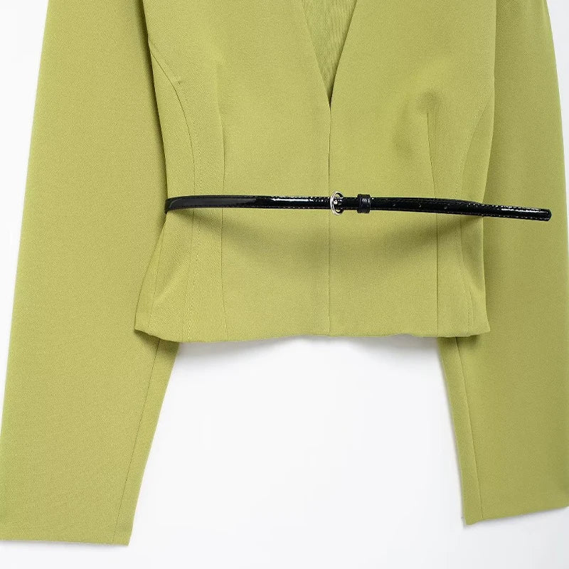 Women Fashion With Belt Green Cropped Blouse Vintage V-Neck Long Sleeves - LODIMAE FASHION 