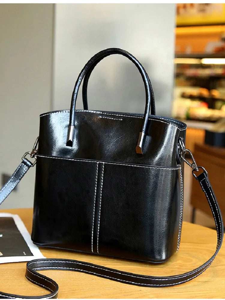 Women's Cowhide Leather Bucket Bag - Genuine Leather Shoulder Bag for Ladies - LODIMAE FASHION 