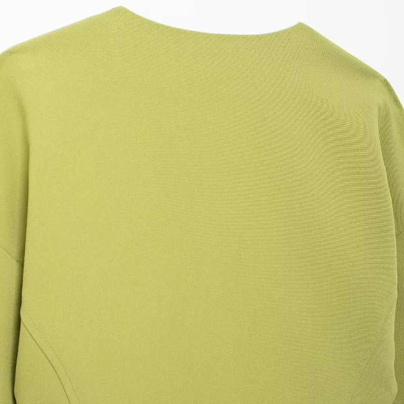 Women Fashion With Belt Green Cropped Blouse Vintage V-Neck Long Sleeves - LODIMAE FASHION 