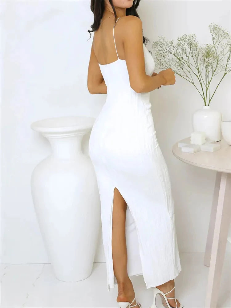 Sexy Women Long Dress Ruched Sleeveless Slim Solid Summer Party Back Split Dress Clubwear Female Vestido Outfits - LODIMAE FASHION 