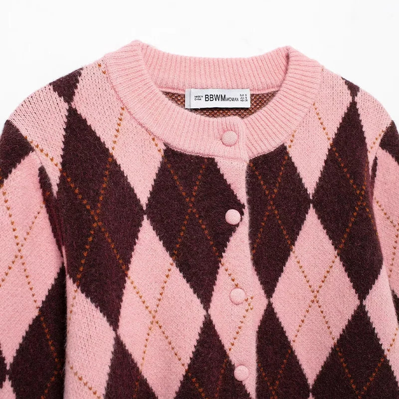 Women Fashion Plaid Single Breasted Knitted Sweater - LODIMAE FASHION 