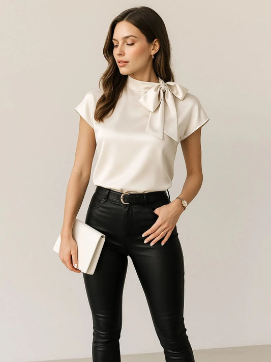 Satin Bow Tie Neck Blouse - LODIMAE FASHION 