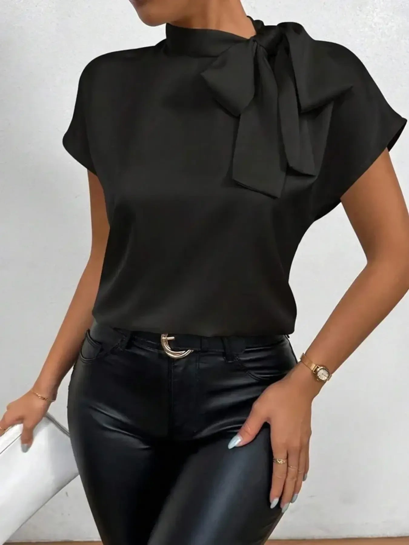 Satin Bow Tie Neck Blouse - LODIMAE FASHION 