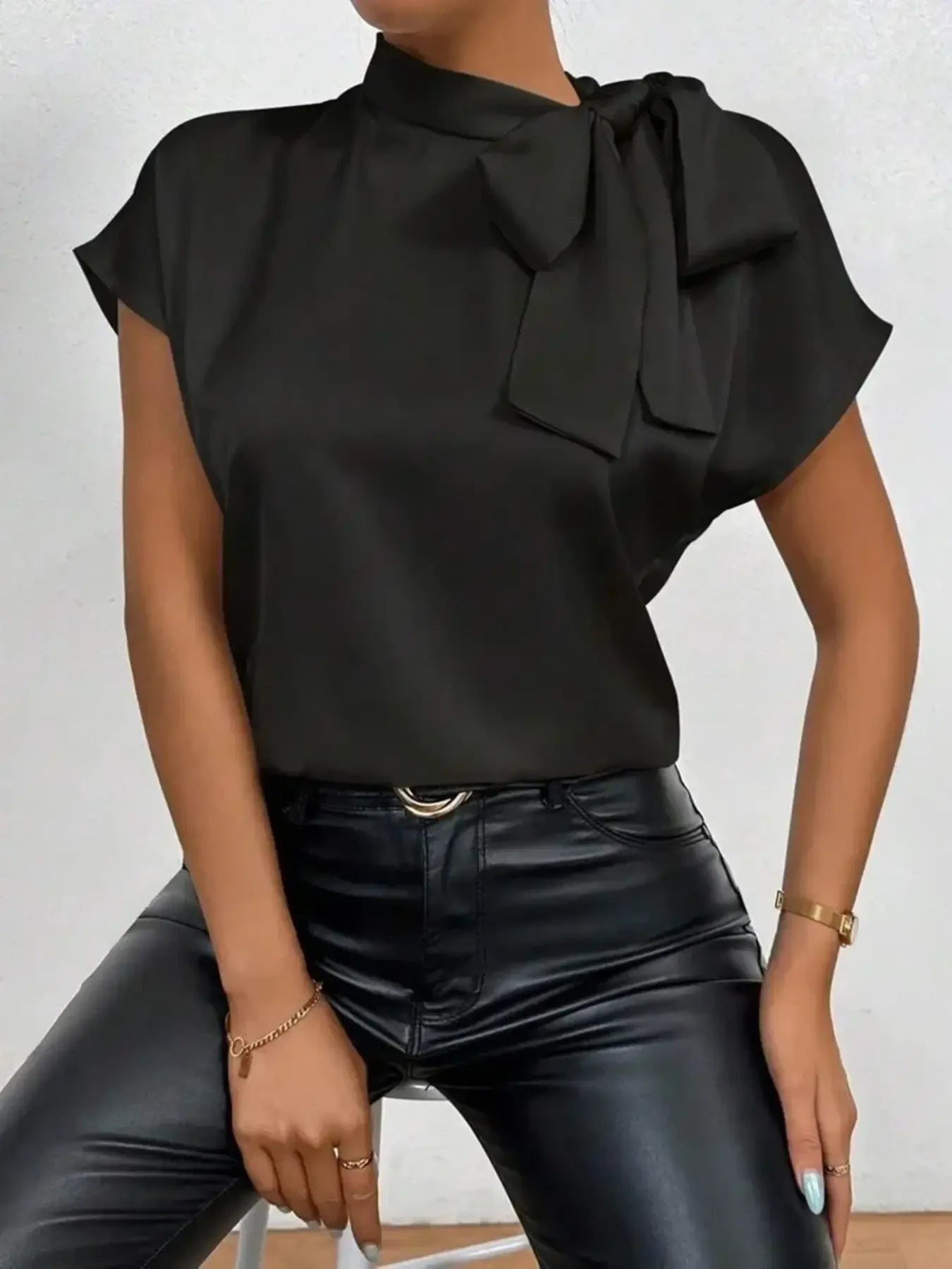 Satin Bow Tie Neck Blouse - LODIMAE FASHION 