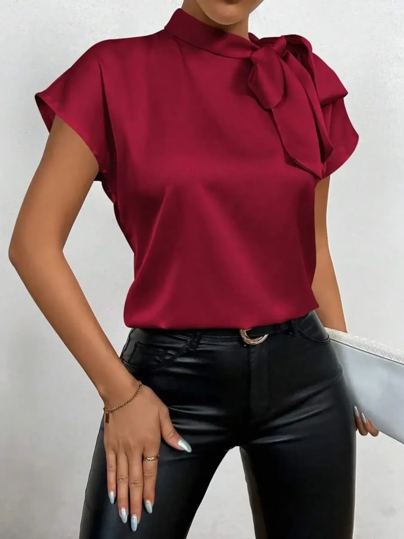 Satin Bow Tie Neck Blouse - LODIMAE FASHION 